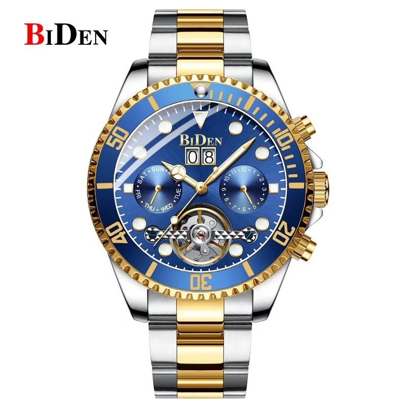 

BIDEN Men's Stainless Steel Skeleton Automatic Self-Winding luxury tourbillon mechanical Watch of custom logo