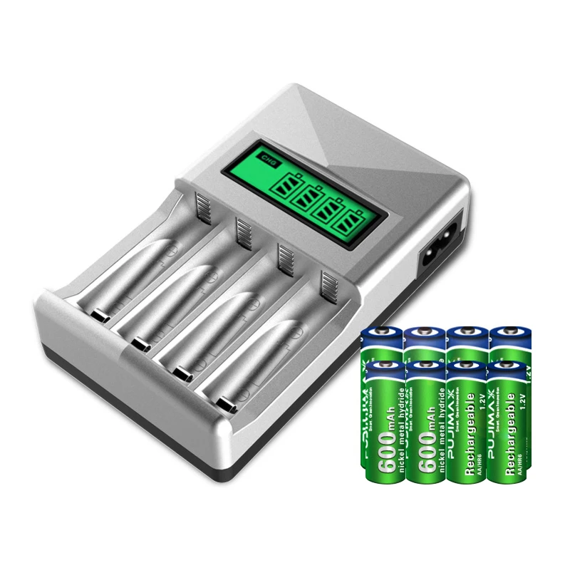 

PUJIMAX Portable aa aaa battery charger 4 slots LCD battery power charger for 1.2V Ni-Cd/Ni-Mh rechargeable battery, Silver+ black