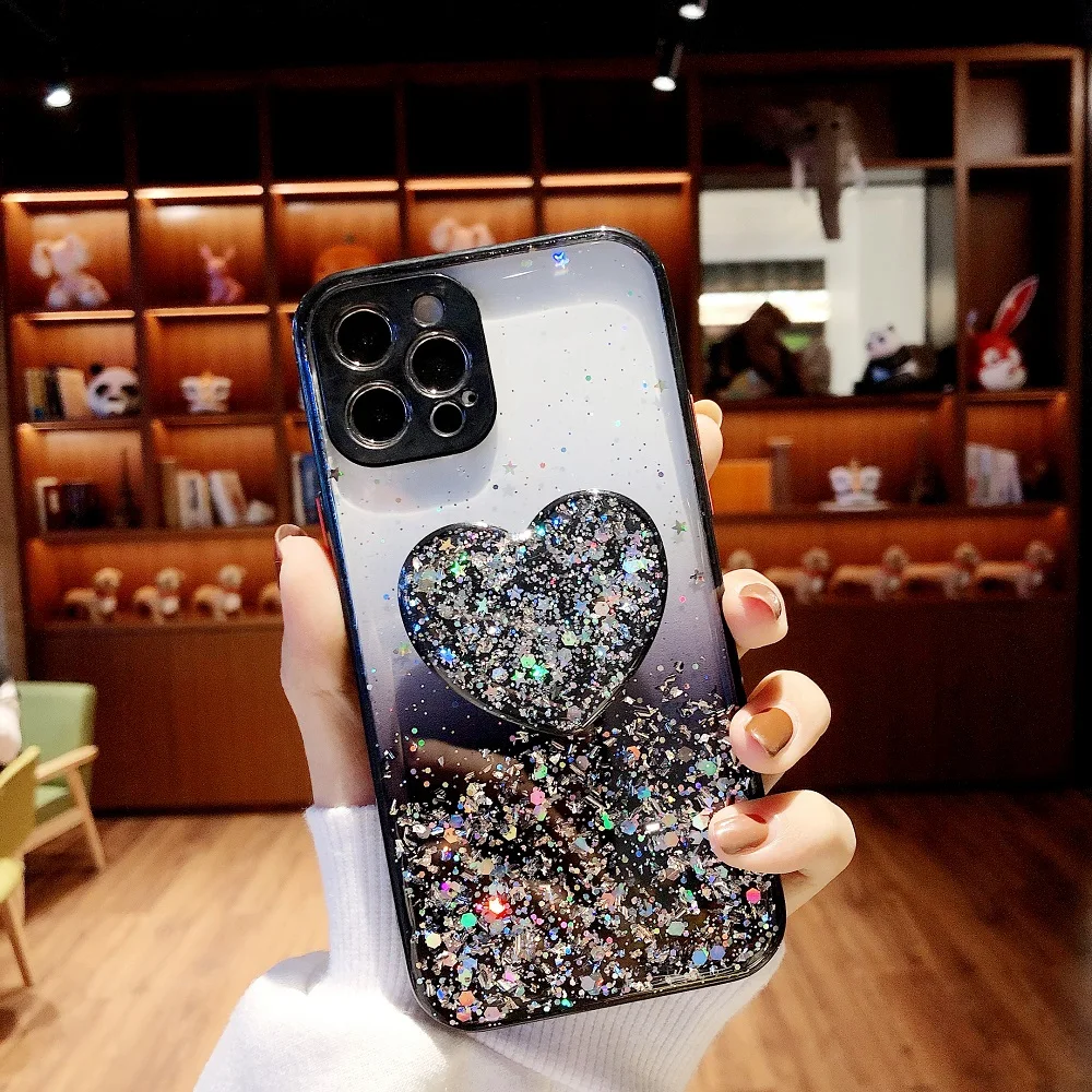 

Phone Case For Samsung Galaxy S21 A32 A52 A72 A02S A42 5G Bling Glitter Heart Holder Cover S20FE A02 A11 A12 For Redmi Note 10