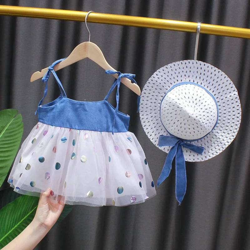 

Summer Little Baby Girls Denim Halter Dresses With Polka Dots Princess Skirt + Hat For Two Years Girl, As picture shows
