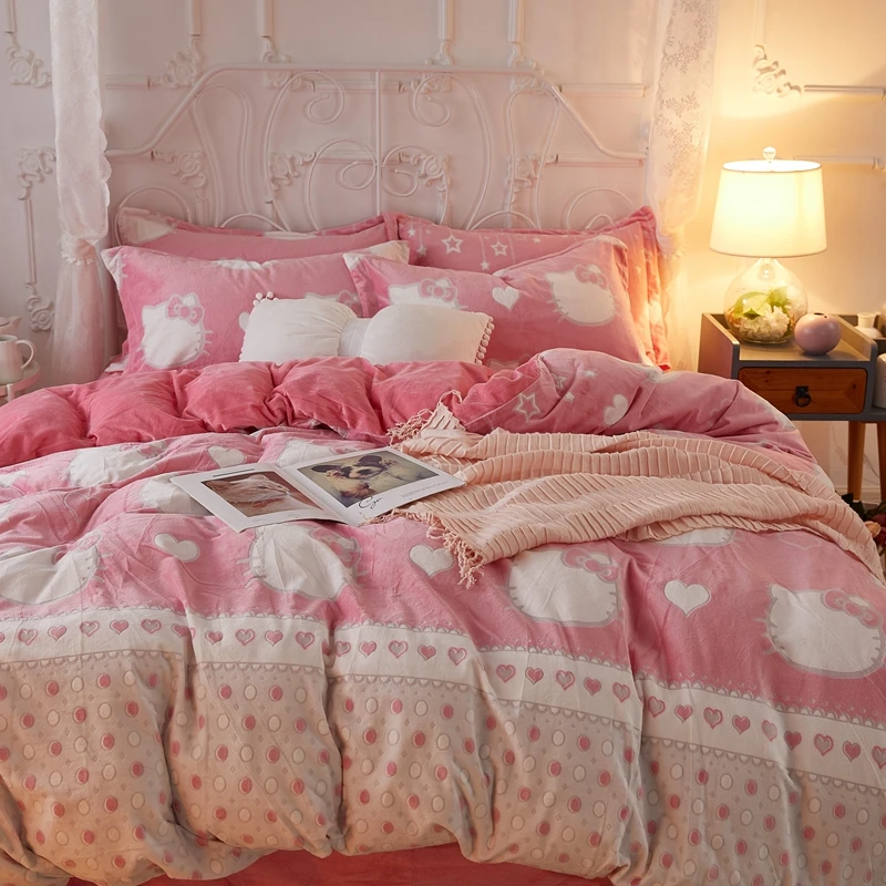 5D carved crystal velvet 4 piece polyester Korean winter cartoon bedding set warm 3d bed sheet set warm printed duvet cover ori-width=