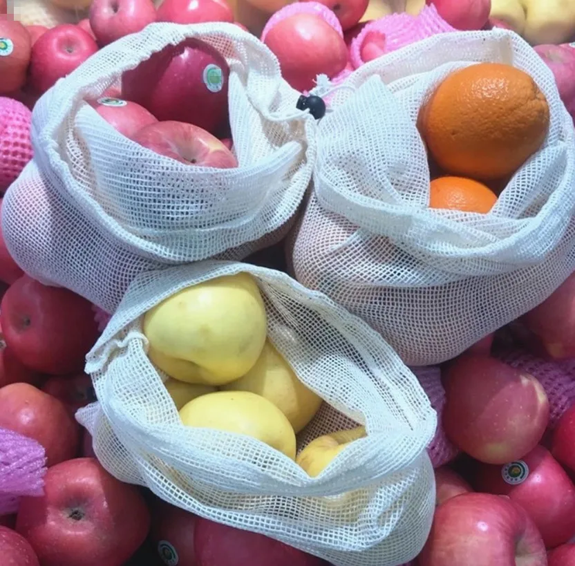 

.3pcs bags a set organic cotton produce bags with drawstring for grocery fruit eco organic cotton mesh bag, Natural