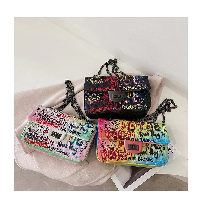 

Designer Women Pu Leather Shoulder Bag High Quality Ladies Large Graffiti Messenger Bags Casual Chain Crossbody Bags for Women