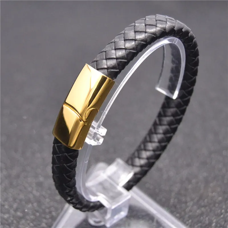 

Charm Genuine Braided Leather Stainless Steel Bracelets For Men Gold Plated Magnetic Clasp Bangle Custom Jewelry Wholesale