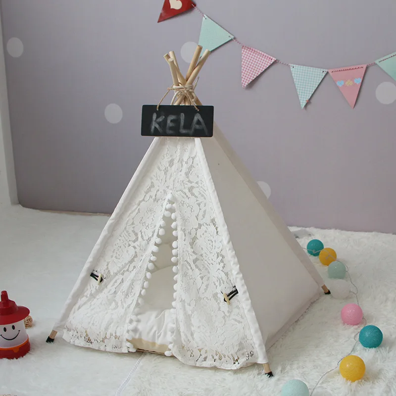 

Pet House Luxury Fashion Pet Tent Cotton White Lace Dog Cat Bed Pet Play Teepee Tent With Pine, Customized color