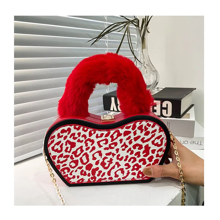

Trendy Leopard Pattern Box Bags Thick Fluffy Fur Handle Crossbody Bags Small Chain Purses and Handbags Women Plush Bags Sac