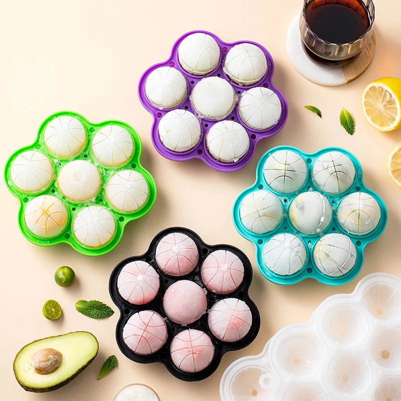 7 Grids Eco-Friendly Silicone Ice Cube Trays Lid Basketball Ice Molds Easy-Release Flexible BPA-Free DIY Whiskey Ball Maker Tool
