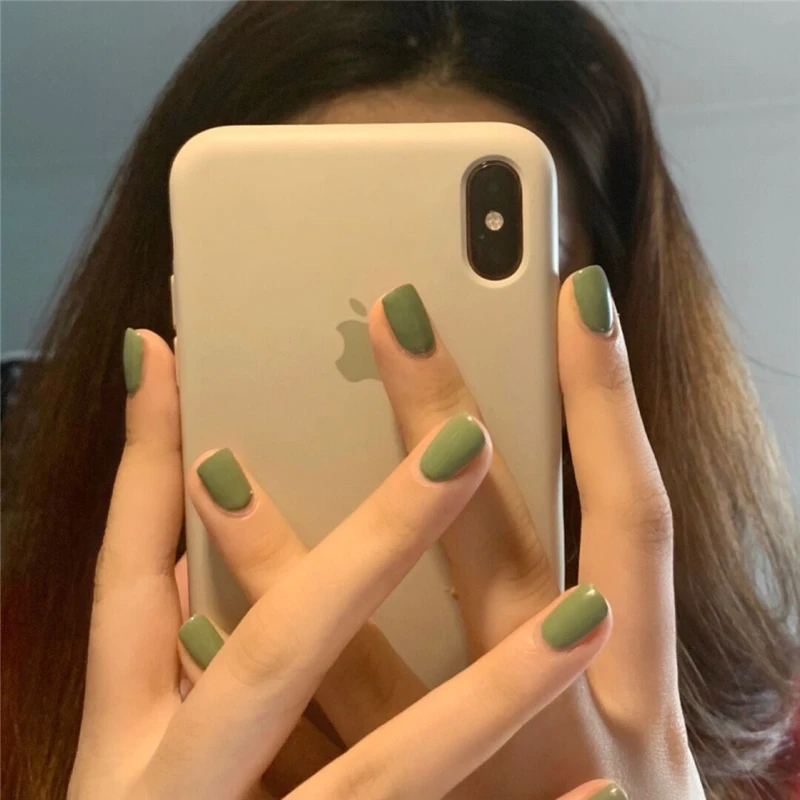 

Solid color short false nails green artificial nail tips false square press on nails