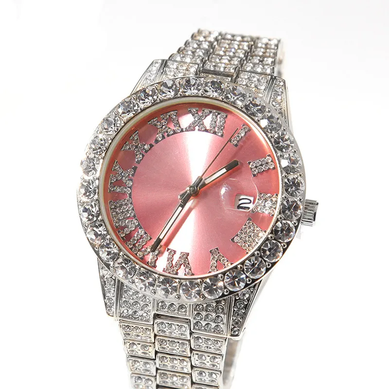

Hip Hop Iced Out Bling Full Diamond Quartz Watches Roman Numerals Polish Big Dial Wrist Women Watch Reloj Montre