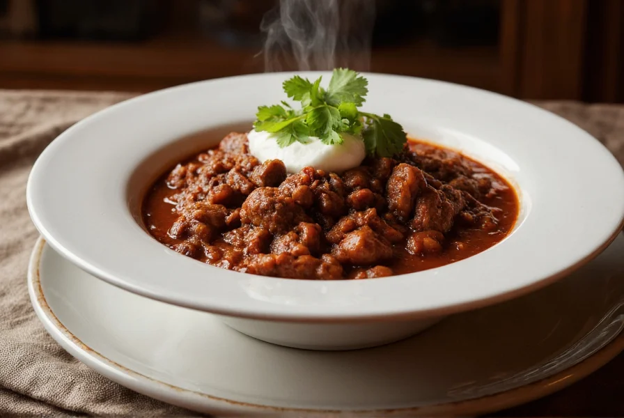Professional food photography of rich, dark lamb chili in a white ceramic bowl with steam rising, topped with fresh cilantro and sour cream