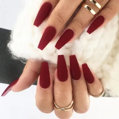

Amazon Hot Selling 24pcs/box wine red long style bride false nails pure color preaa on nails