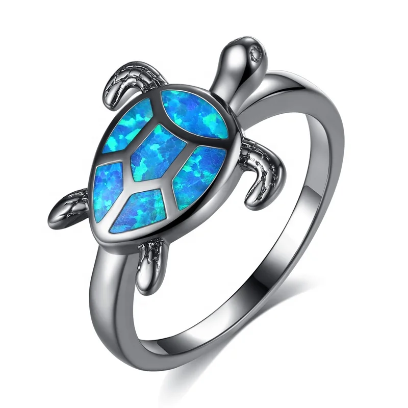 

Marine Life Tortoise Jewelry Sea Blue Opal Turtle Black Gold Ring R201