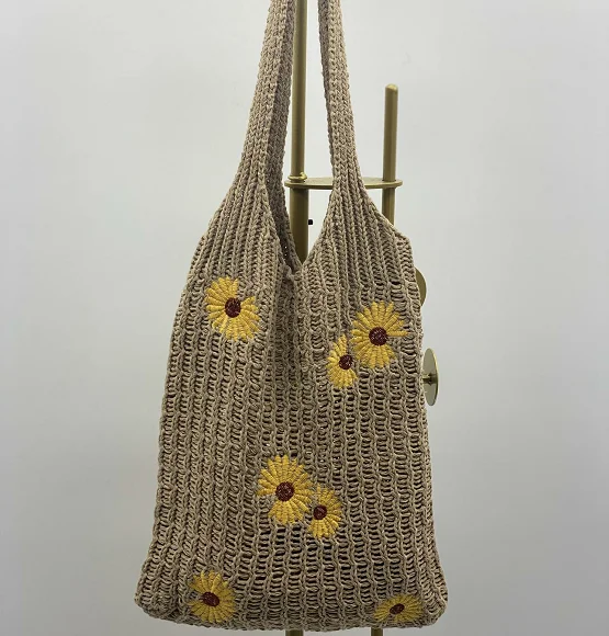 

Trendy Knit Tote Bag Daisy Hand Bag Crochet Bag, White,khaki,black,coffee