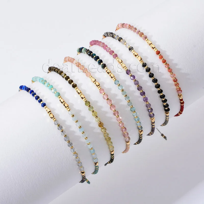 

Fancy Dainty Little Faceted Gemstone Miyuki Seed Beaded Adjustable Bracelets Small Tiny Mini Bracelet For Women Mens Girls