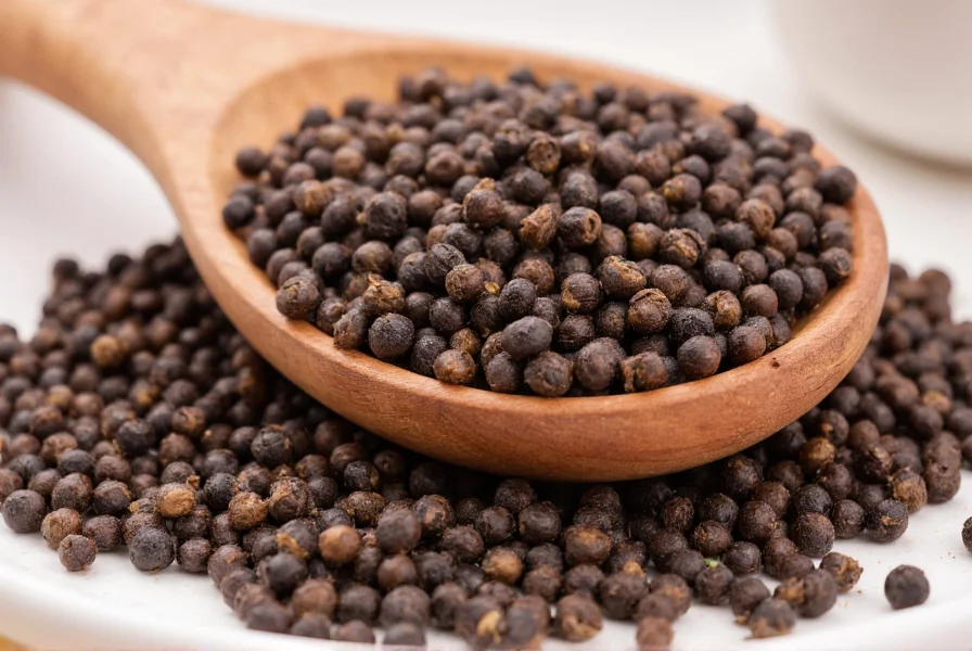 Close-up of freshly ground black pepper on wooden spoon with peppercorns