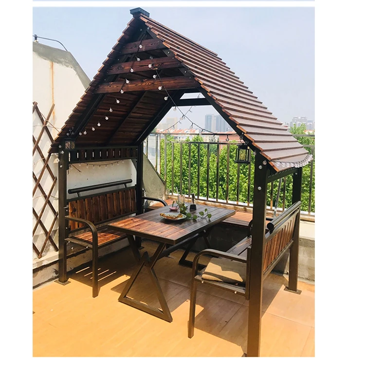 

Outdoor furniture patio wood garden gazebo with 2 bench/wooden garden house and gazebo