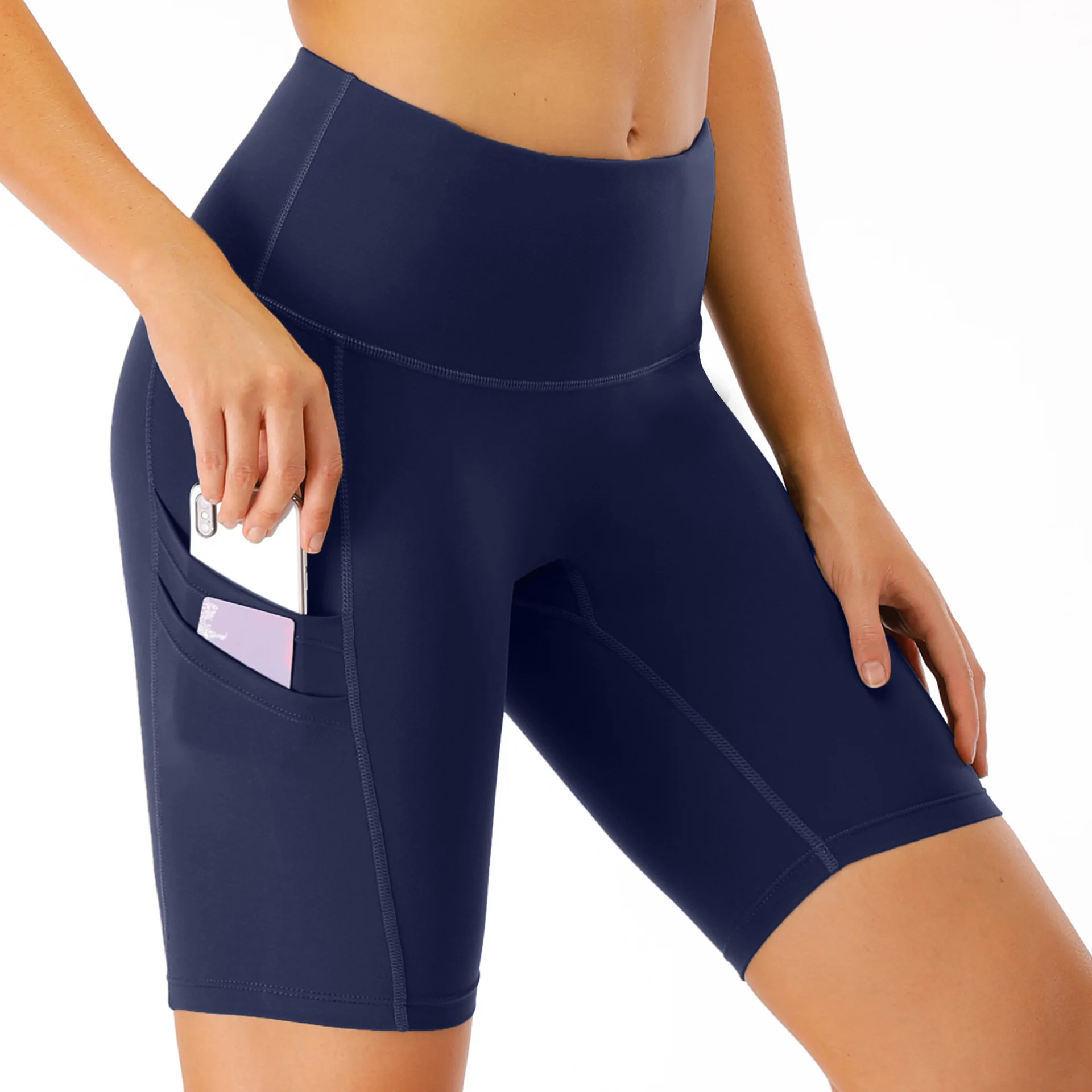 

KH015women Yoga bike Shorts with 3 Side phone Pocket High Waist Squatproof Gym Fitness Running training Shorts