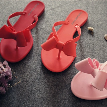 

Wholesale bow jelly summer slippers female beach shoes solid flip flops jelly shoes, Pink,red,white,and black