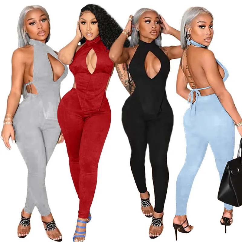 

2021 Sexy Ladies Nightclub Outfits Hollow Out Backless Tank Top Long Pants Summer Women Two Piece Set
