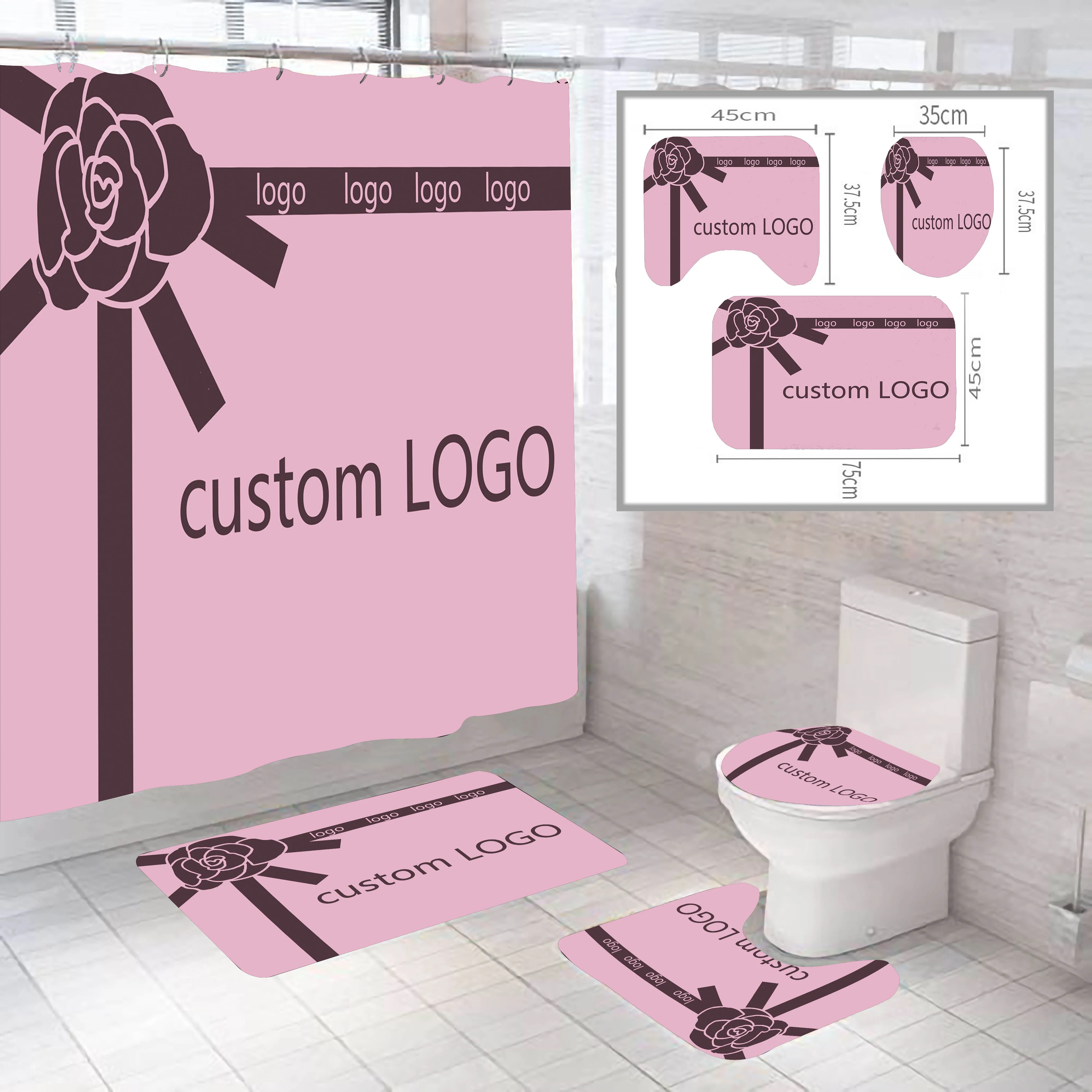 

New Customized Brand Logo Photo Design bathroom cartoon printed Waterproof Washable Polyester Bathroom Shower Curtain Mats Set, Custom-made