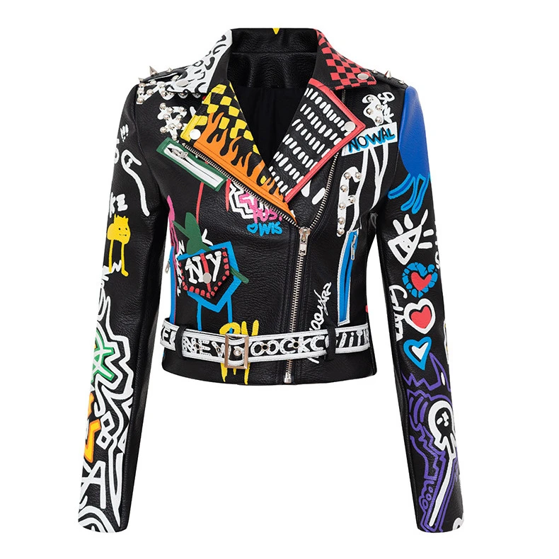 

Slim Fit Graffiti Print Pu Leather Aviator Women's Jacket Coat