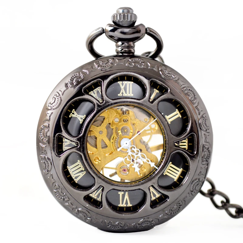 

black sublimation skeleton pocket watch mechanical