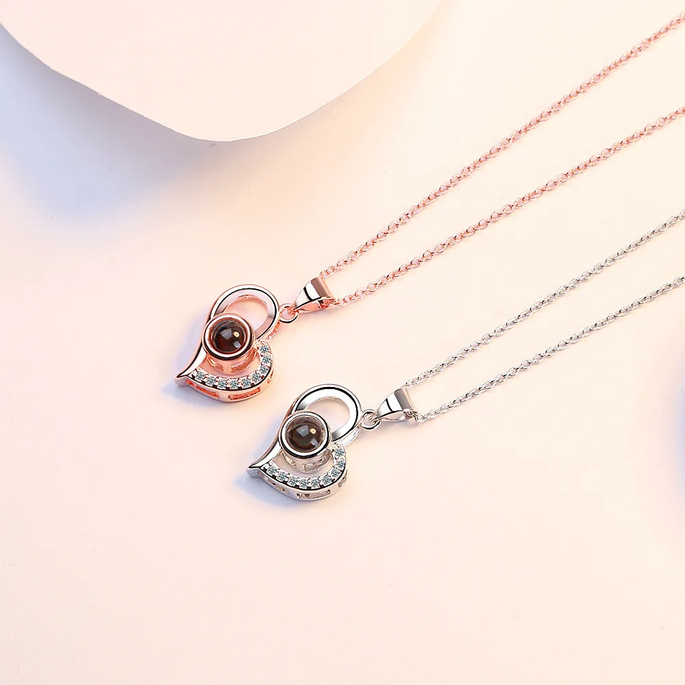 

Female memory clavicle chain i love you in 100 languages projection cz zircon Heart Pendant silver Necklace, Rose gold,silver