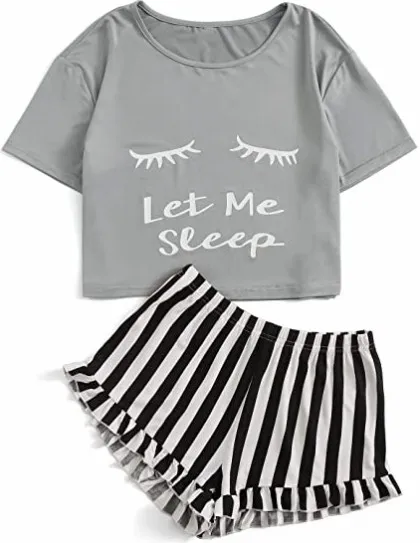 

Amazon top seller 2021 plus size Girls Letter Print Tee Striped Short Pants Short Sleeves women Pajama Set pajamas, Picture shows