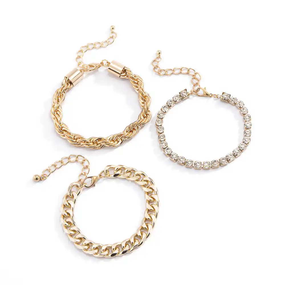 

3Pcs/Set Twisted Metal Chain Curb Miami Bracelets Bangles Shiny Rhinestone Crystal Bracelets for Women Wrist Jewelry