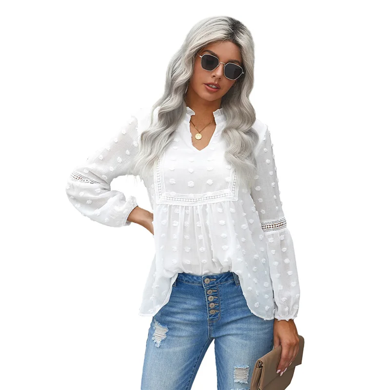 

Custom 2021 Women's Elegant Ruffled Split Neck Lace Hollow Out Polka Dot Puff Sleeve Blouse, Customized elegant blouses