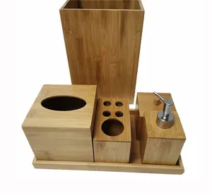 Image of Hotel balfour bamboo bathroom accessories set with soap dispenser tooth brush