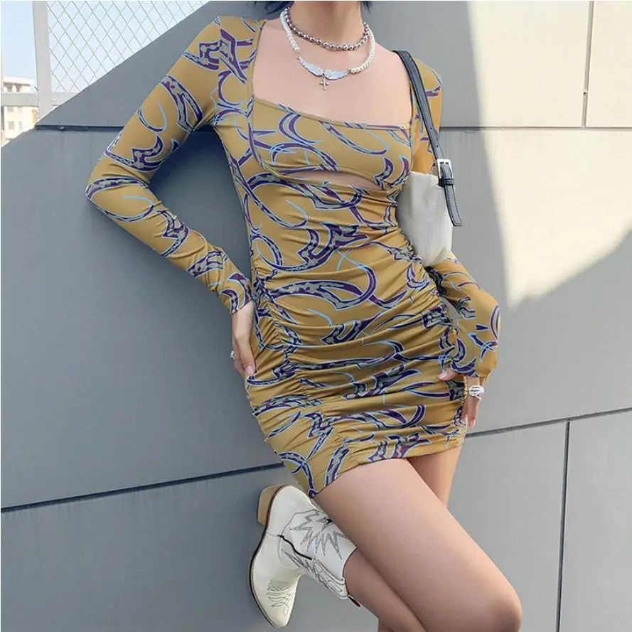 

hot sale hollow out long sleeve dress fashion print backless bodycon dress women casual dresses