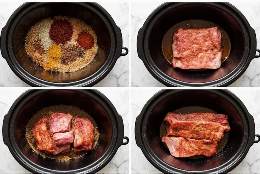 Step-by-step preparation of Dr Pepper slow cooker ribs showing seasoning and slow cooker assembly