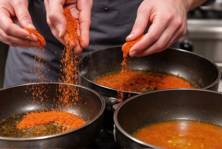 Chef's hands sprinkling various chili substitutes into different cooking vessels demonstrating proper timing for red pepper flakes alternatives