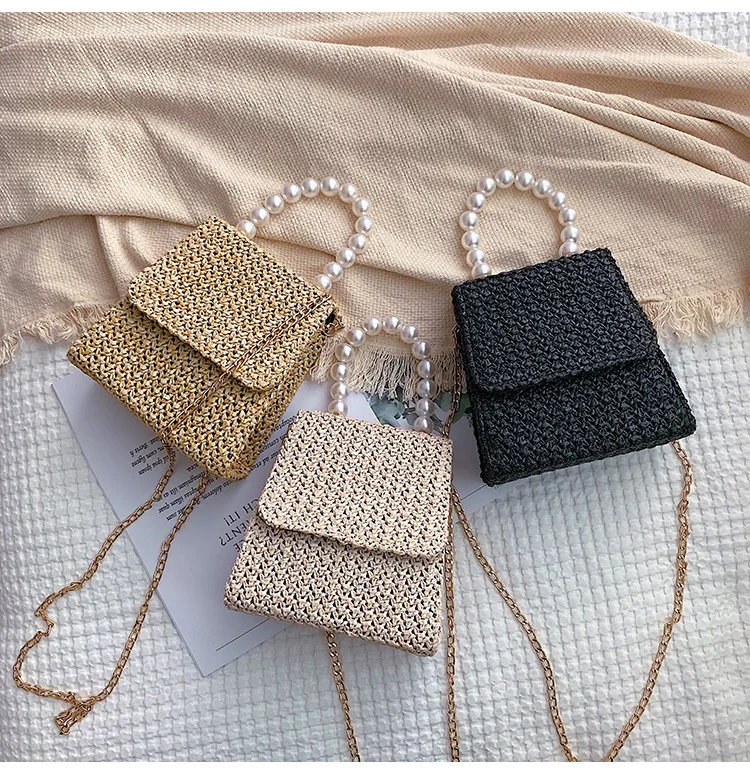

2020 New Pearl Bags Fashion Straw Handbag Chain Women Bag INS Hot-selling FlipBag Messenger Small Square Bag