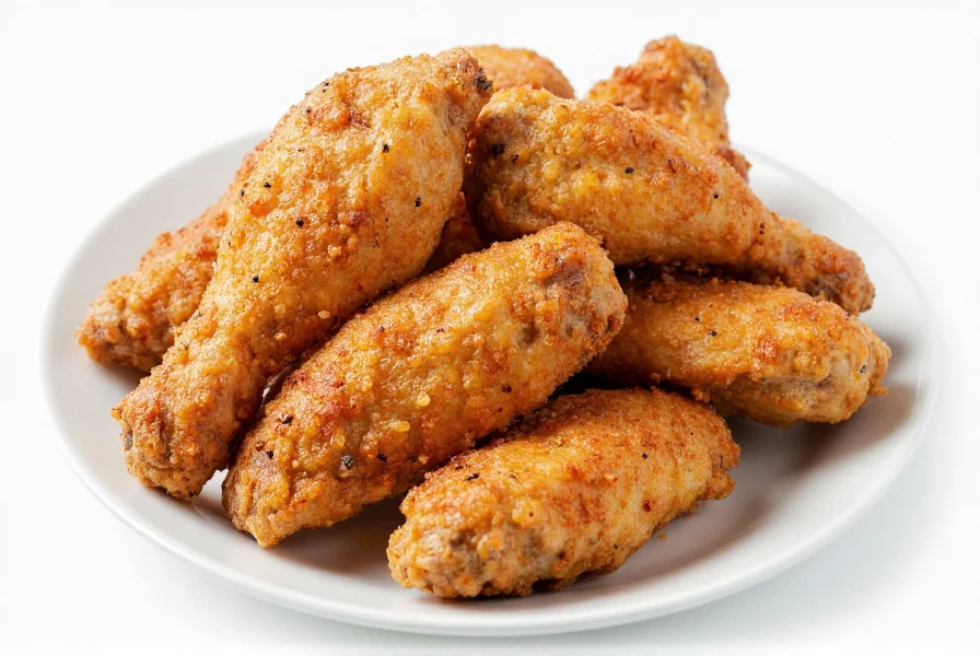 Crispy pepper salted chicken pieces with visible black pepper coating on white plate