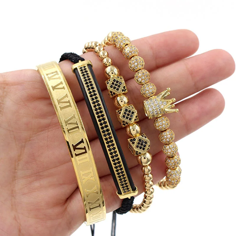 

Gold Color Men's 4Pcs/Set CZ Zincon Luxury Crown Bracelet Set Stainless Steel Roman Numbers Bangle Braided Macrame Bracelet