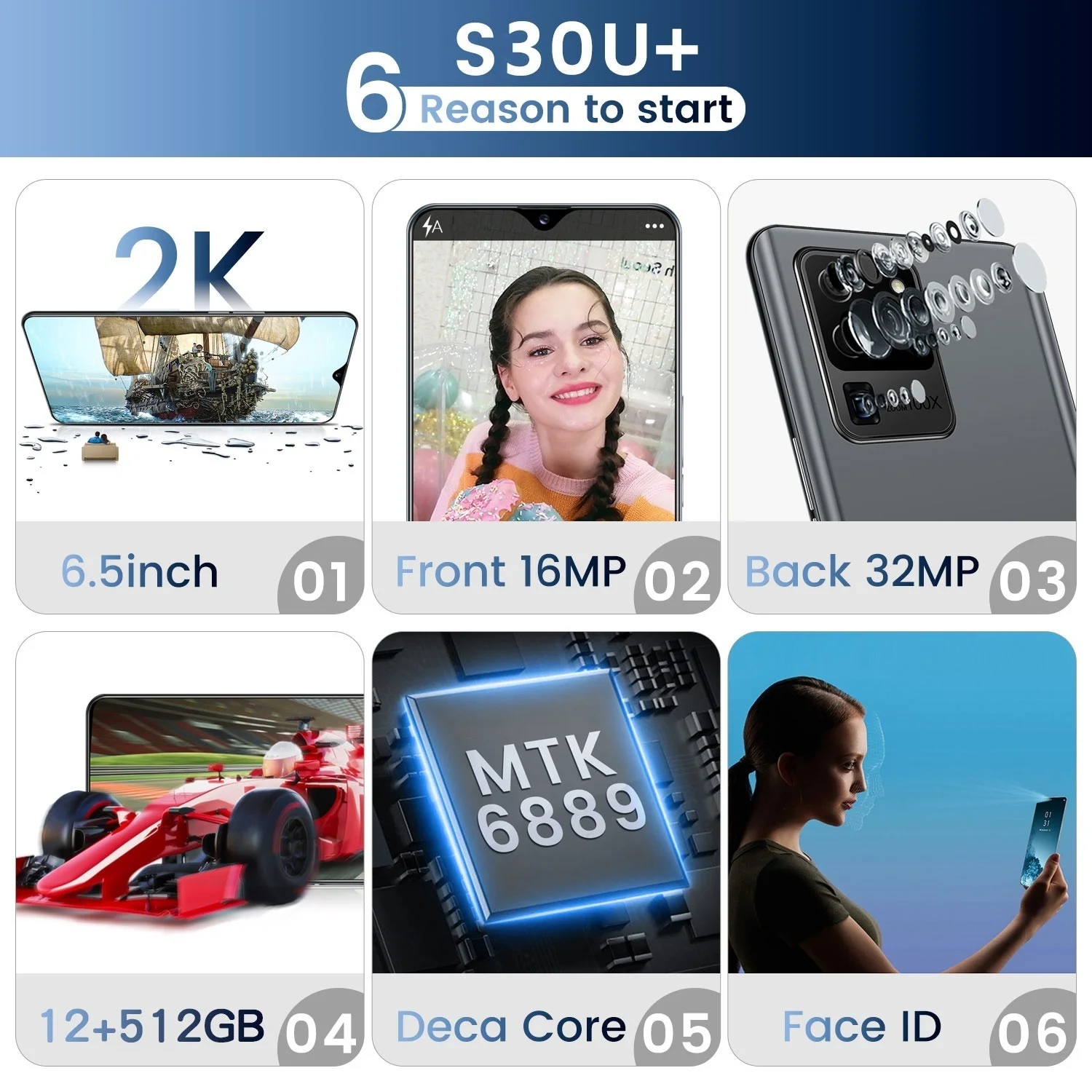 Big Screen custom cell phone S30U+ android bluetooth 6.5 Inch cheap android mobile smartphone wholesale