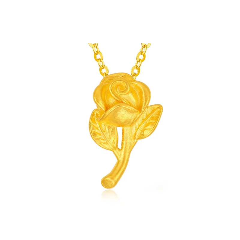 

Certified 999 Pure Gold Rose Pendant Necklace Chic Flower Lucky Beads Set Chain 3D Hard Gold Necklace Female Gift