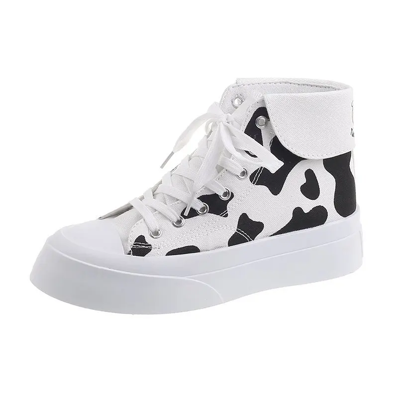 

Ladies Latest Girls Lace-up Paint Printed Cow pattern Canvas Shoes For Women High Top Canvas Sneakers, Picture