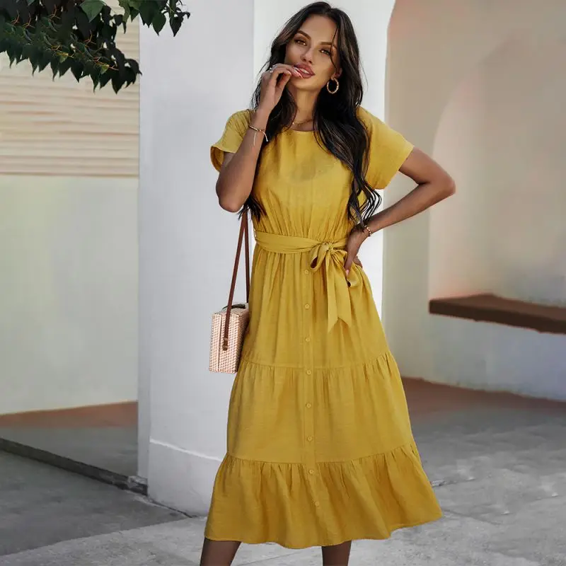 

2021 New Arrival Women summer Bohemian solid color casual long dresses women ladies dresses