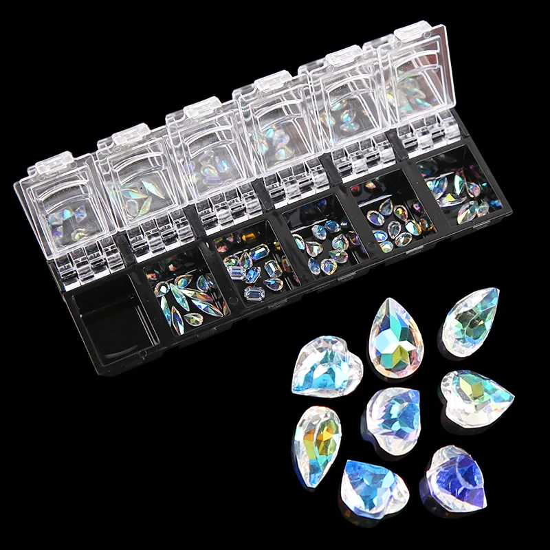 

Crystal AB Nail Art Rhinestones Holographic Oval Waterdrop Horse-eyes Sharp Bottom 3D Glass Diamond Jewelry in Box Wholesale, Clear ab