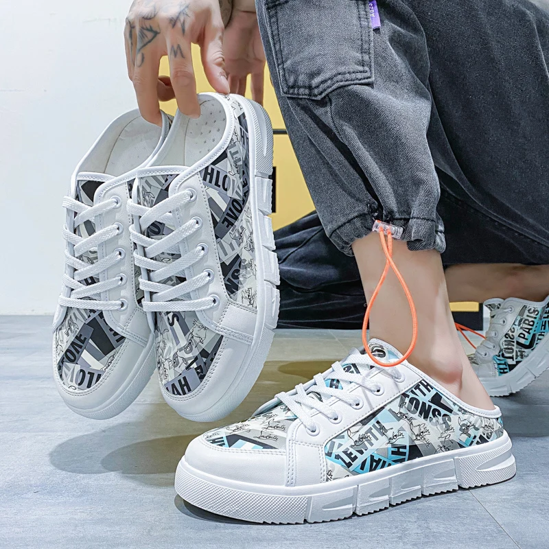 

Wholesale stylish canvas shoes men's casual printed canvas half shoes, Black and white/black and blue