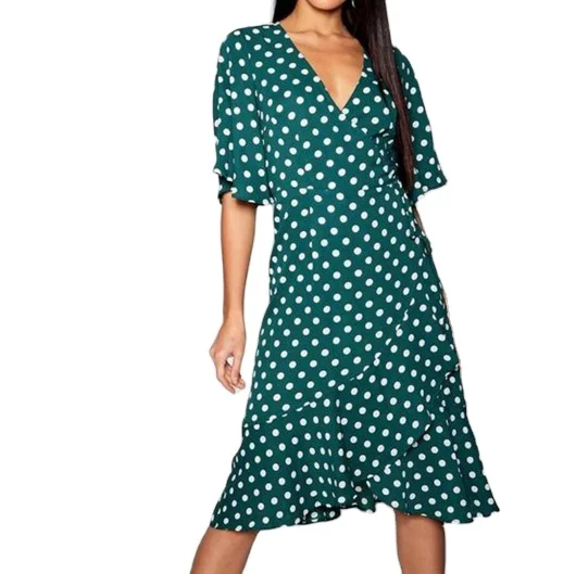 

Fashion Short Sleeves Women's Wrap Front Ruffle Hem Polka Dot Midi Dress