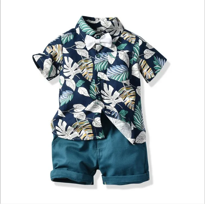 Suitable factory direct sale boy clothes set summer boy fashion gentleman bow tie blue shirt short-sleeved T-shirt shorts suit