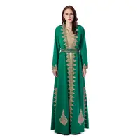 

Arabic Embroidered Green Match Beige Stand Collar Two Piece Luxury A Line Slim Abaya Kaftan Islamic Long Sleeves Party Dress