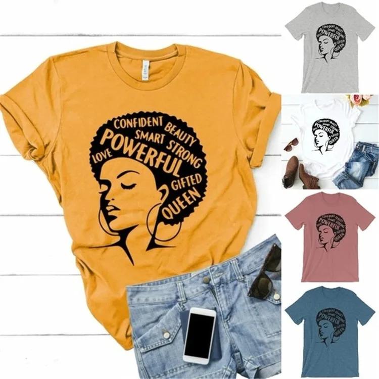 

Powerful Afro Lady Graphic T Shirt Feminist Tees Women's Aesthetic Melanin Tee Shirt Black Queen T Shirts Ladies Girl Power Tops