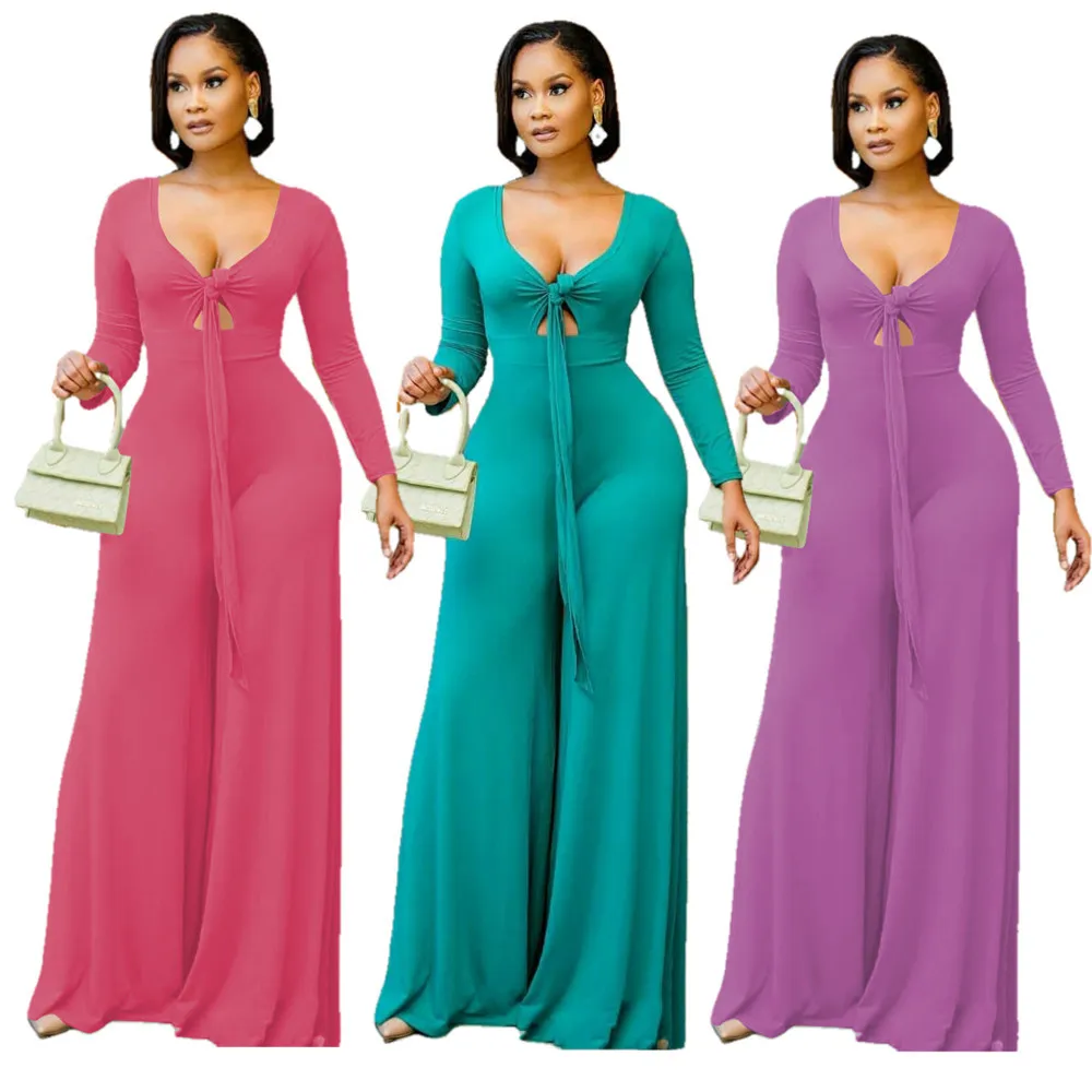 

ZS 2021 hot selling solid color fashion V-neck sexy casual bandage long sleeve wide leg pants one-piece pants set