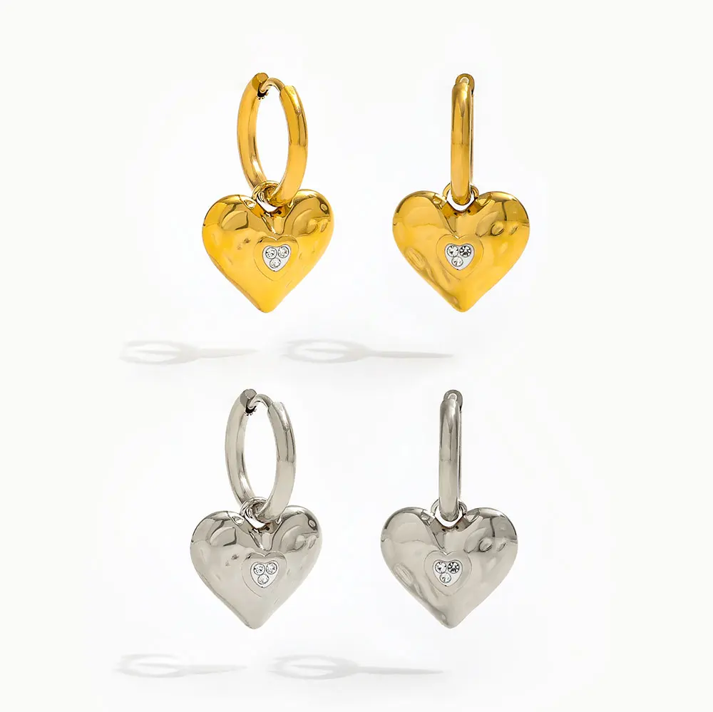 High End PVD 18K Gold Plated Waterproof Rhinestone Heart Pendant Huggie Earrings Stainless Steel Jewelry Wholesale