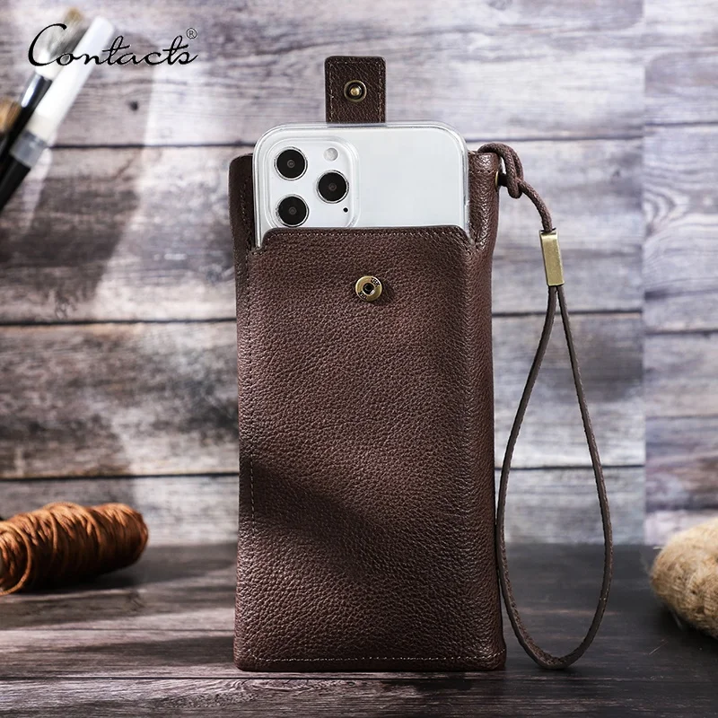 

CONTACT'S Casual Style Brown Long Wristlet Phone Bag Wallets RFID Blocking Vegetable Tanned Leather Clutch Bags for Men, Coffee or customized